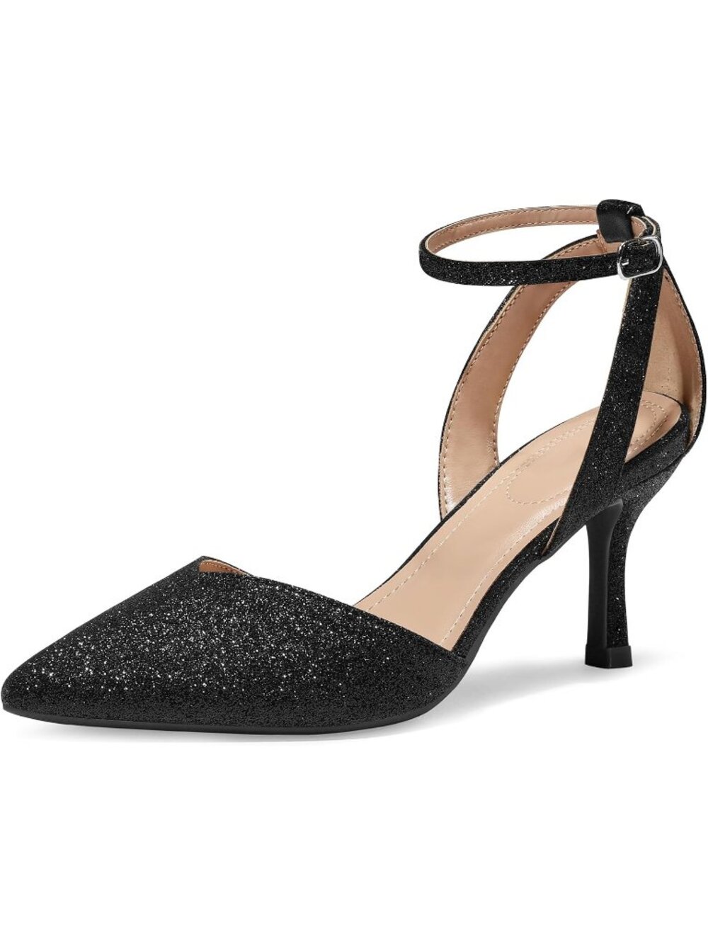 Women's Black Glitter Comfortable Closed Toe Adjustable Ankle Strap Kitten Heels